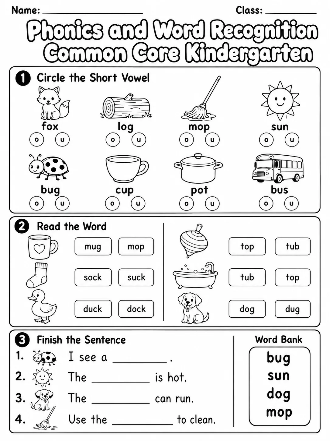 Phonics and Word Recognition Common Core Kindergarten page 4 printable Common Core ELA worksheet preview