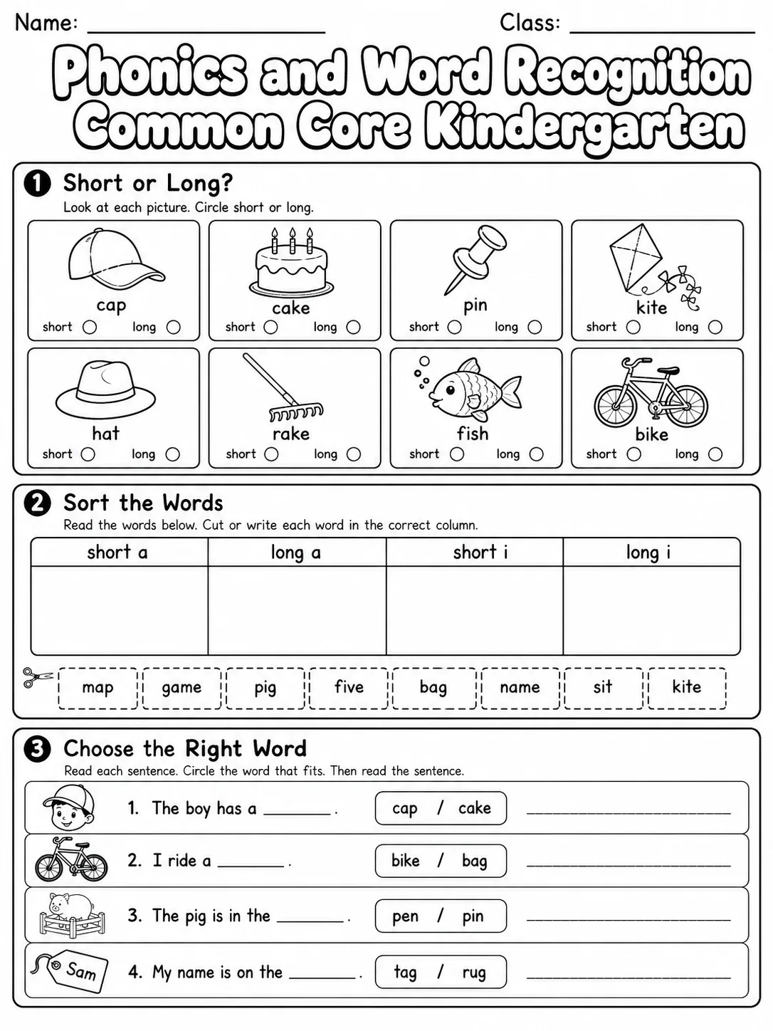 Phonics and Word Recognition Common Core Kindergarten page 5 printable Common Core ELA worksheet preview