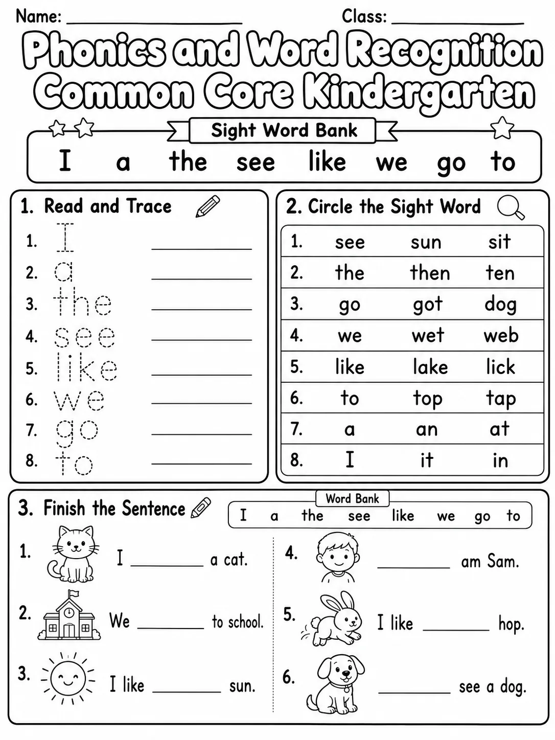 Phonics and Word Recognition Common Core Kindergarten page 6 printable Common Core ELA worksheet preview