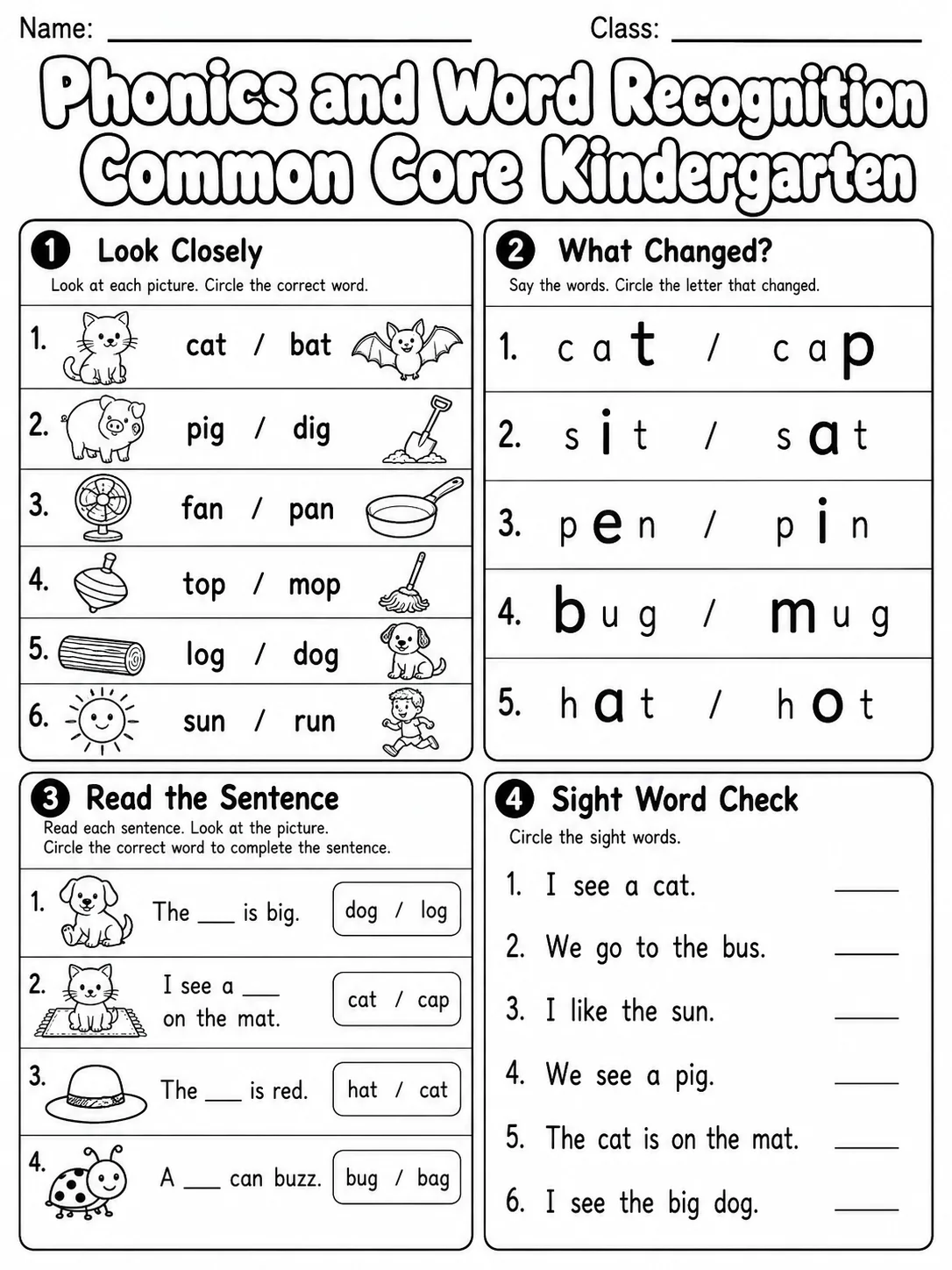 Phonics and Word Recognition Common Core Kindergarten page 7 printable Common Core ELA worksheet preview