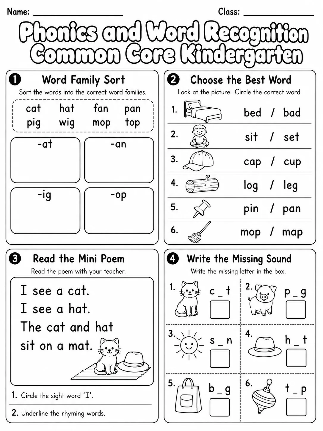 Phonics and Word Recognition Common Core Kindergarten page 8 printable Common Core ELA worksheet preview