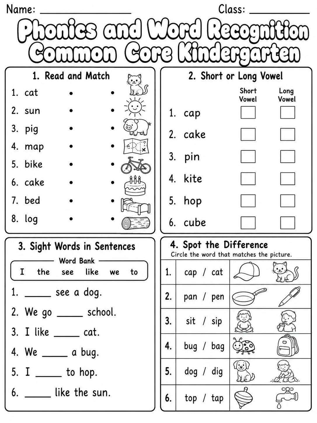 Phonics and Word Recognition Common Core Kindergarten page 9 printable Common Core ELA worksheet preview
