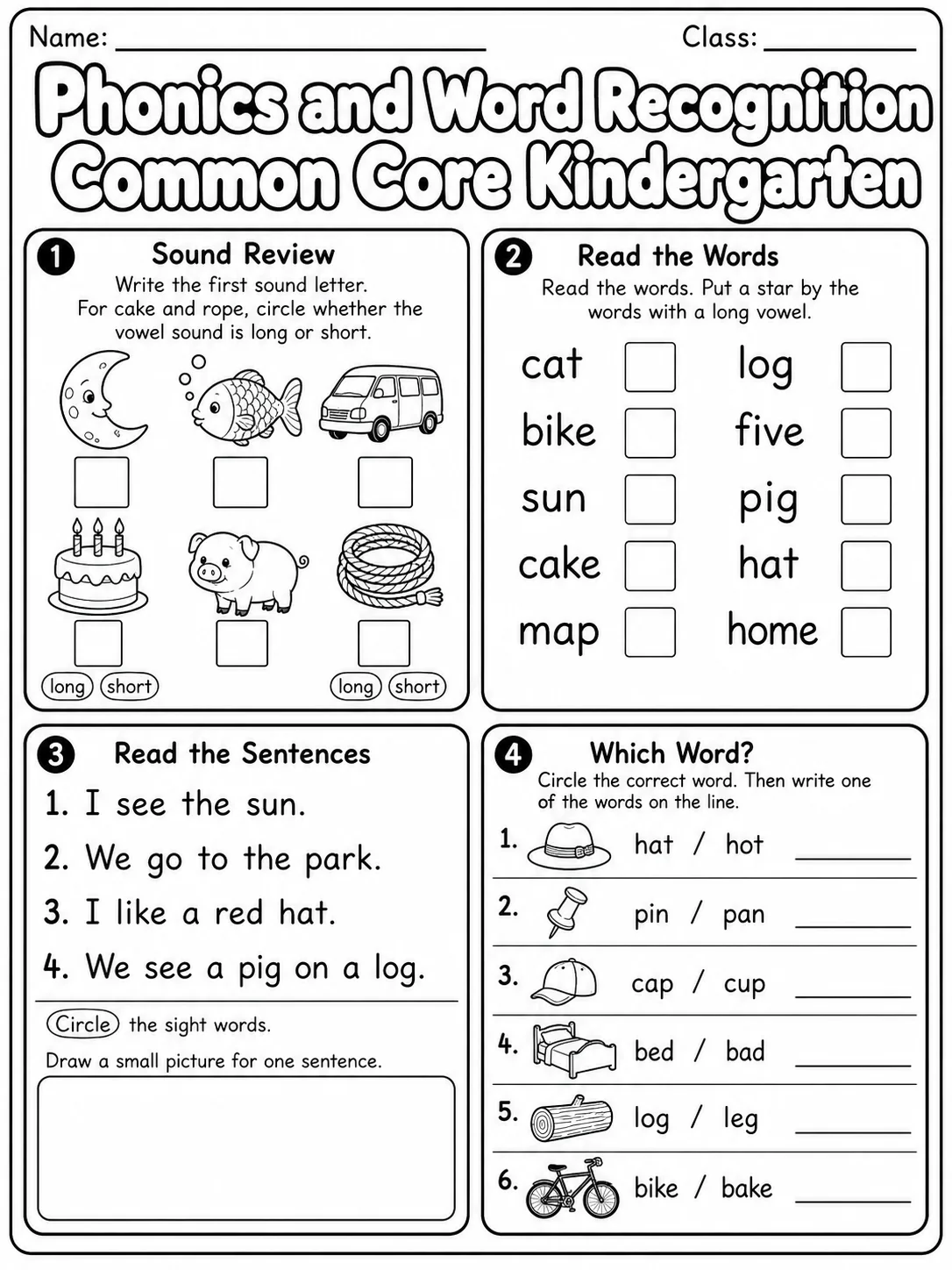 Phonics and Word Recognition Common Core Kindergarten page 10 printable Common Core ELA worksheet preview