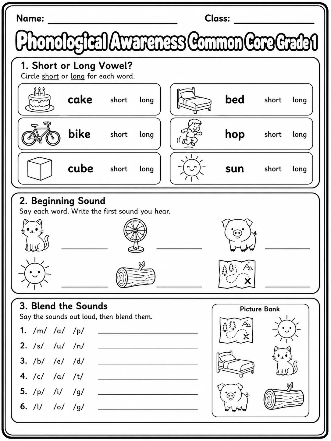 Phonological Awareness Common Core Grade 1 printable Common Core ELA Grade 1 worksheet preview from KiwiBee