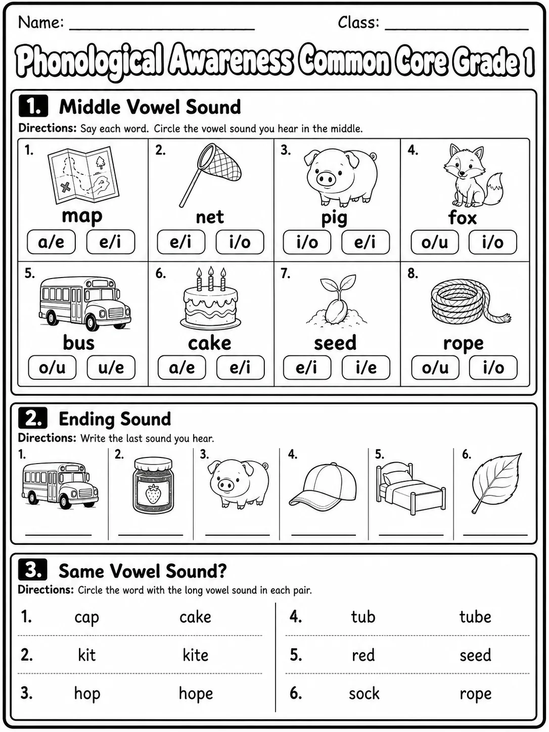 Phonological Awareness Common Core Grade 1 page 2 printable Common Core ELA worksheet preview