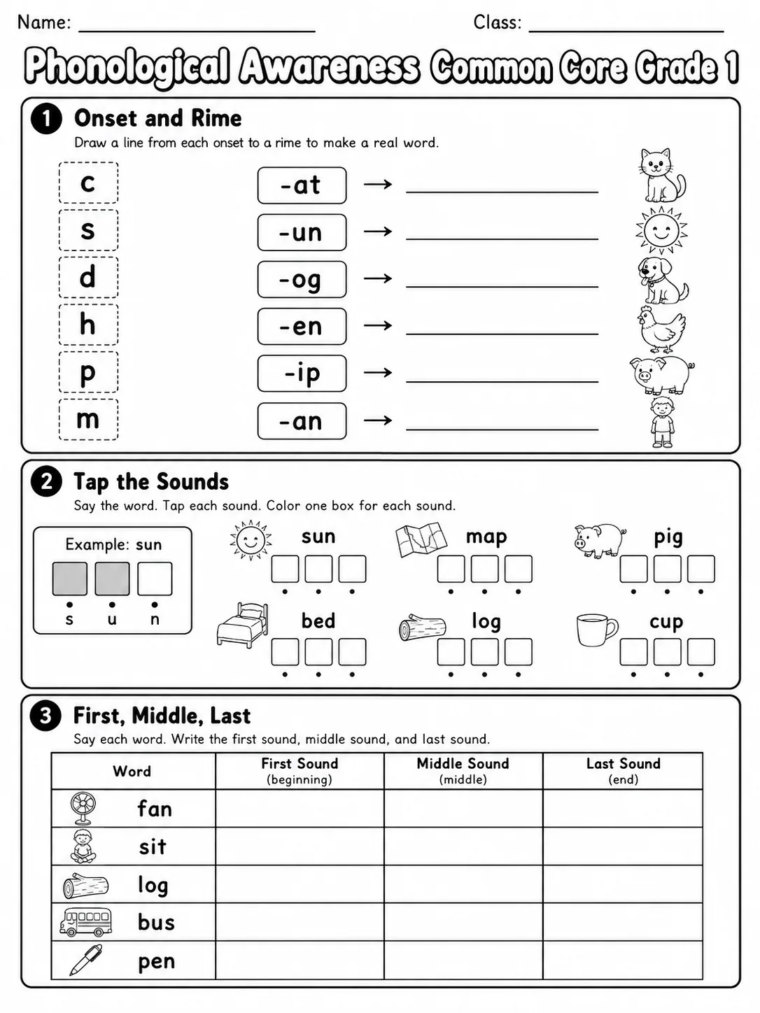 Phonological Awareness Common Core Grade 1 page 3 printable Common Core ELA worksheet preview