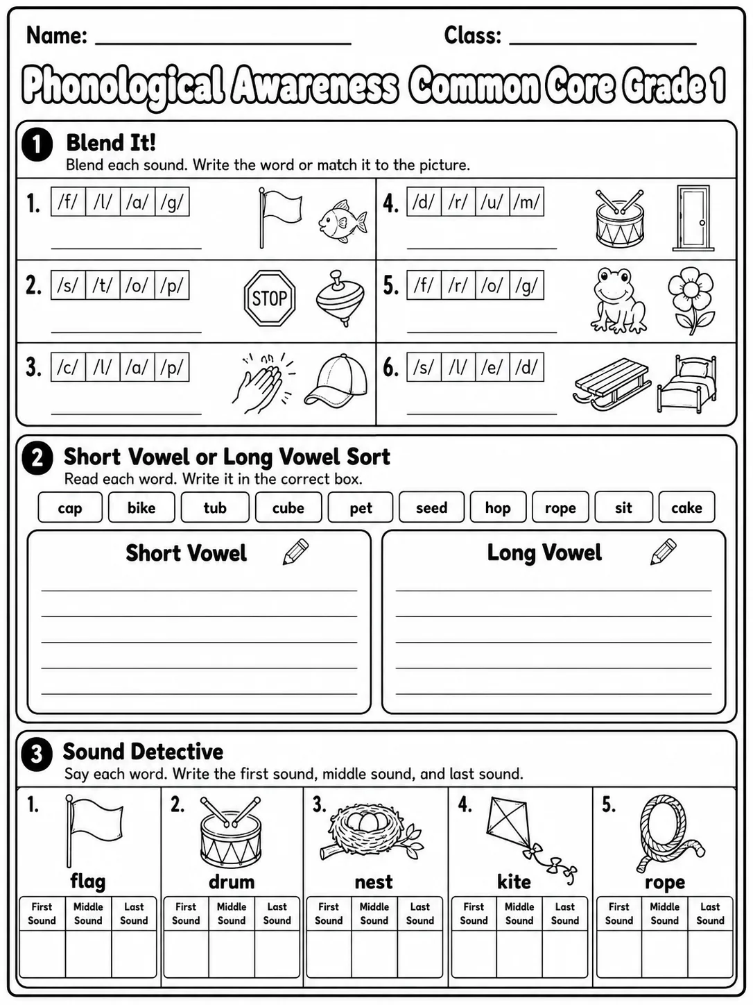 Phonological Awareness Common Core Grade 1 page 4 printable Common Core ELA worksheet preview