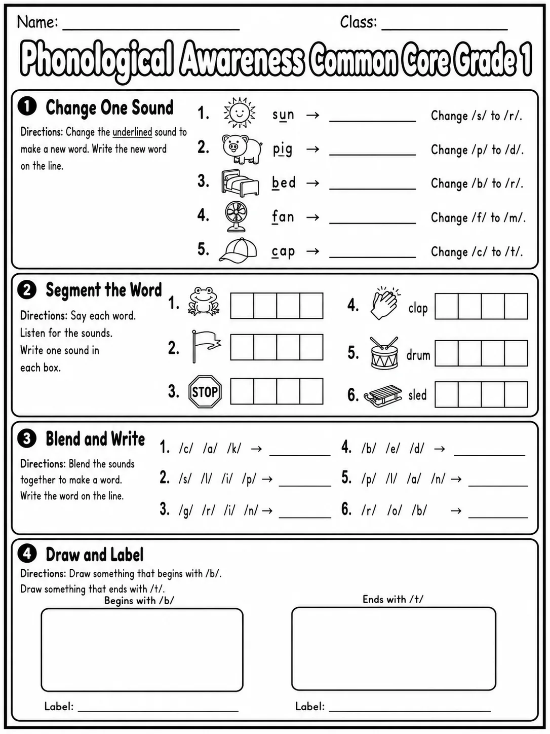 Phonological Awareness Common Core Grade 1 page 5 printable Common Core ELA worksheet preview