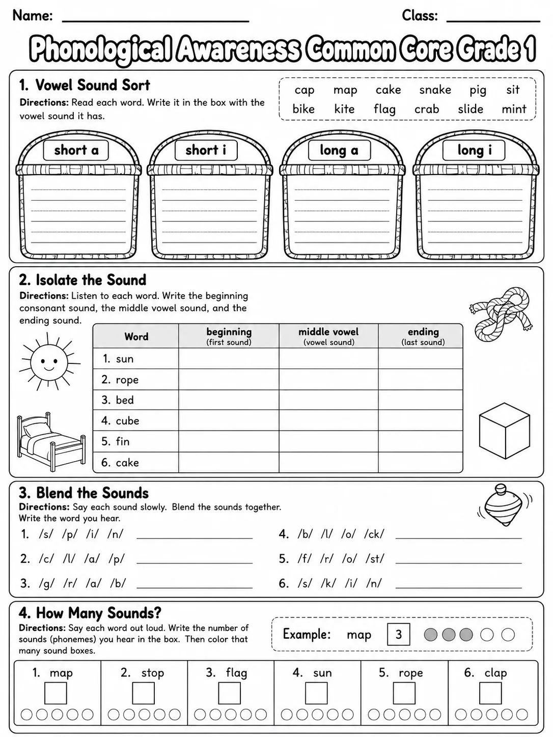 Phonological Awareness Common Core Grade 1 page 6 printable Common Core ELA worksheet preview
