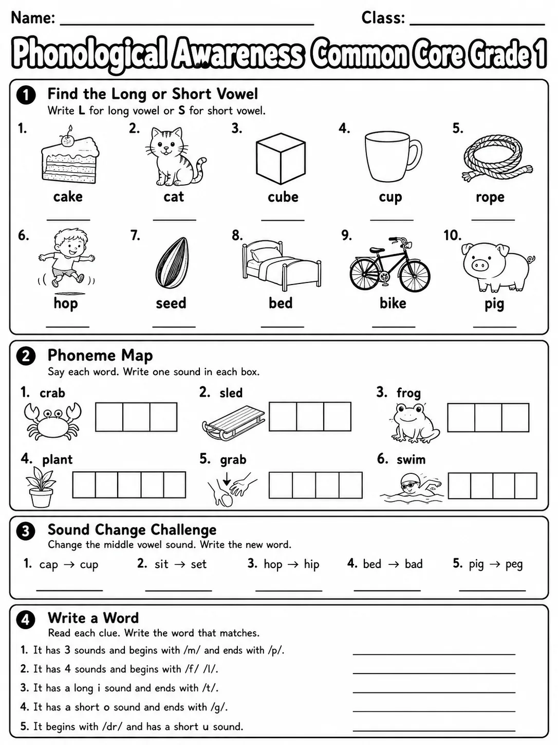 Phonological Awareness Common Core Grade 1 page 7 printable Common Core ELA worksheet preview