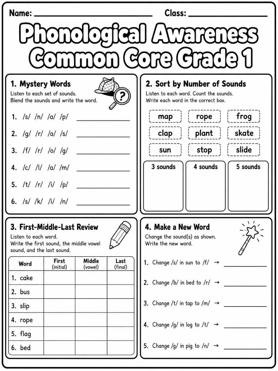 Phonological Awareness Common Core Grade 1 page 8 printable Common Core ELA worksheet preview