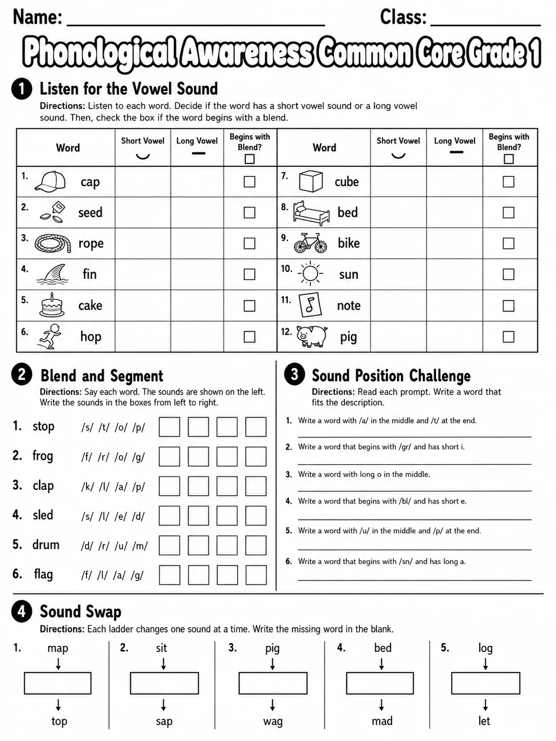 Phonological Awareness Common Core Grade 1 page 9 printable Common Core ELA worksheet preview