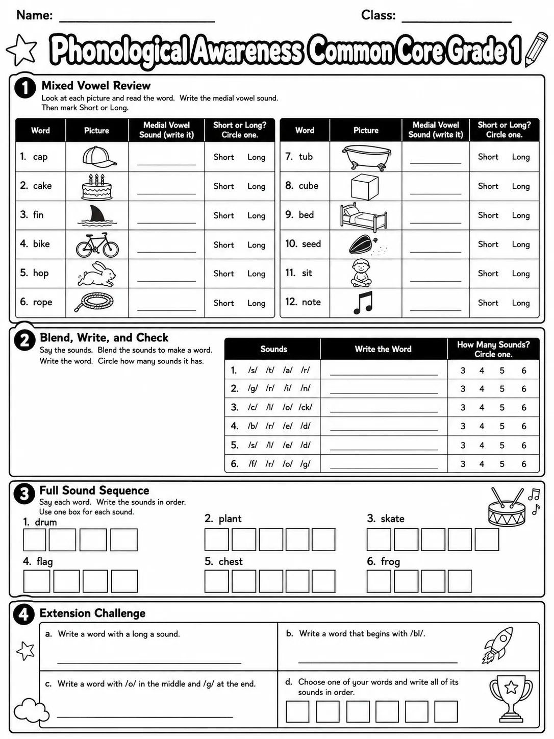 Phonological Awareness Common Core Grade 1 page 10 printable Common Core ELA worksheet preview