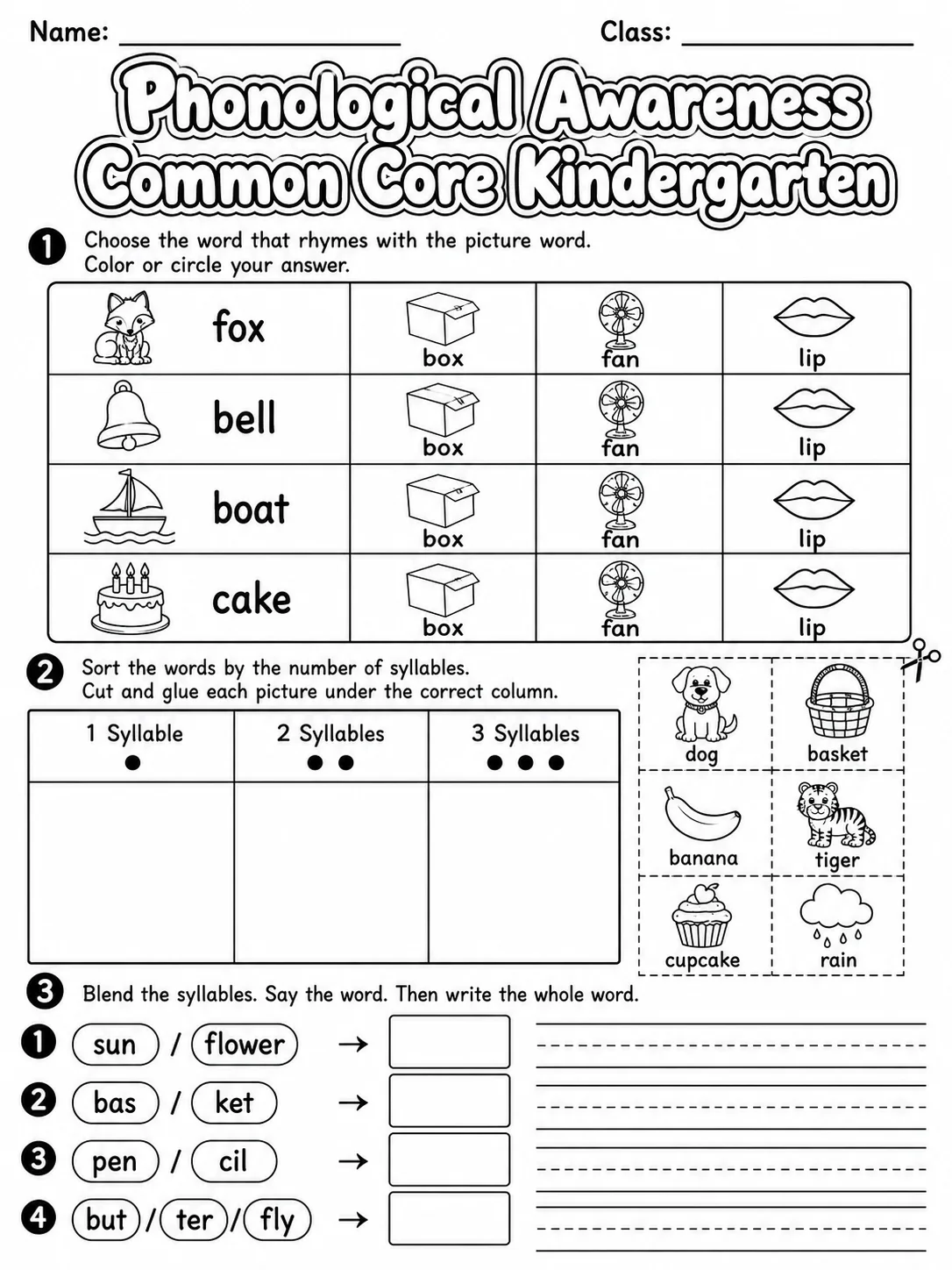 Phonological Awareness Common Core Kindergarten page 2 printable Common Core ELA worksheet preview