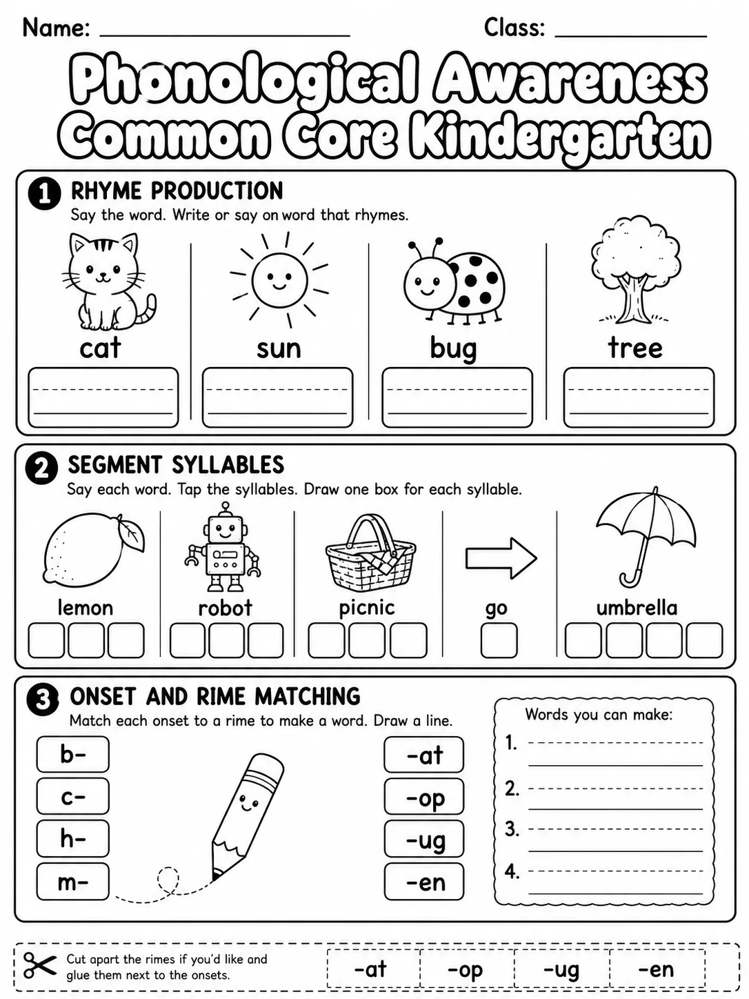 Phonological Awareness Common Core Kindergarten page 3 printable Common Core ELA worksheet preview