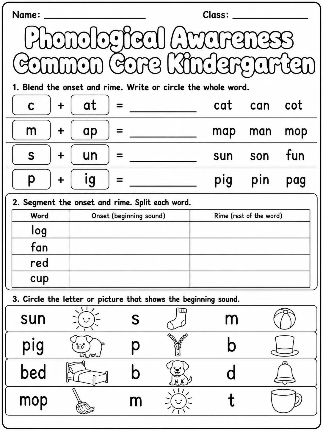 Phonological Awareness Common Core Kindergarten page 4 printable Common Core ELA worksheet preview