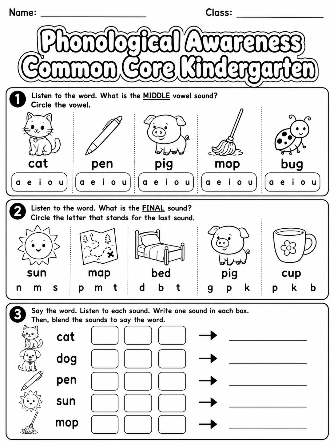 Phonological Awareness Common Core Kindergarten page 5 printable Common Core ELA worksheet preview