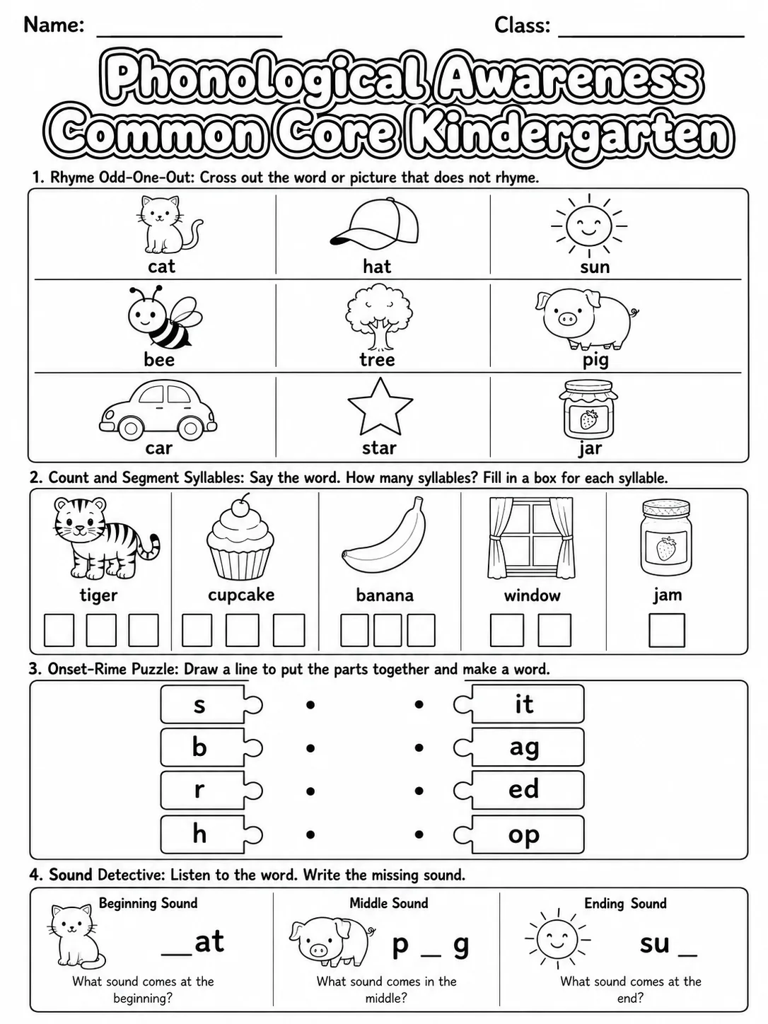 Phonological Awareness Common Core Kindergarten page 6 printable Common Core ELA worksheet preview