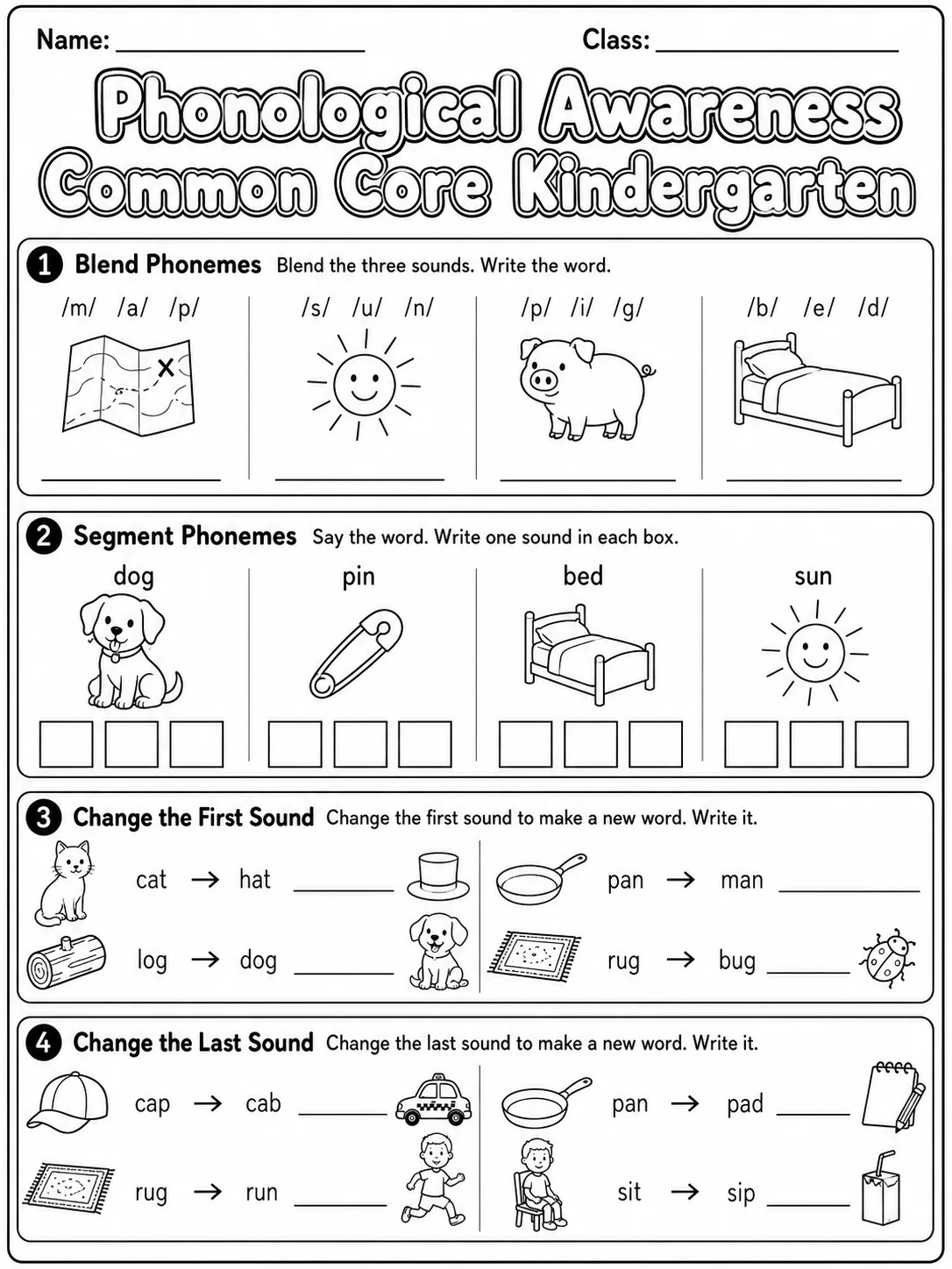 Phonological Awareness Common Core Kindergarten page 7 printable Common Core ELA worksheet preview
