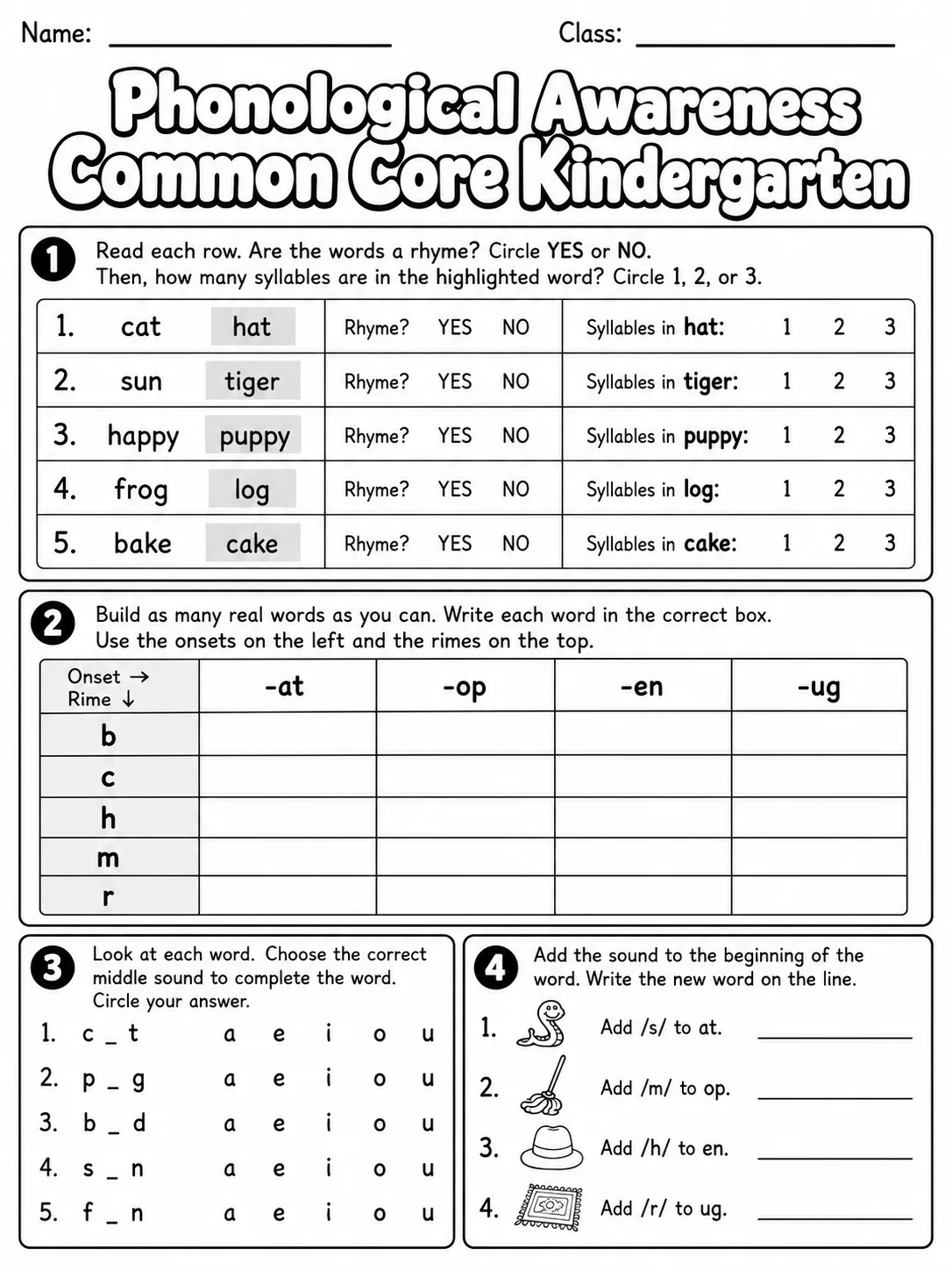 Phonological Awareness Common Core Kindergarten page 8 printable Common Core ELA worksheet preview