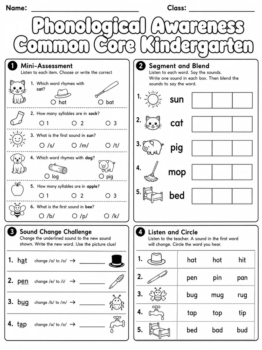 Phonological Awareness Common Core Kindergarten page 9 printable Common Core ELA worksheet preview