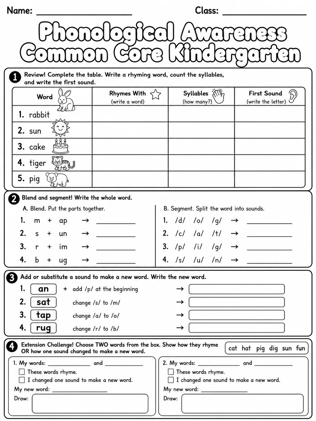 Phonological Awareness Common Core Kindergarten page 10 printable Common Core ELA worksheet preview