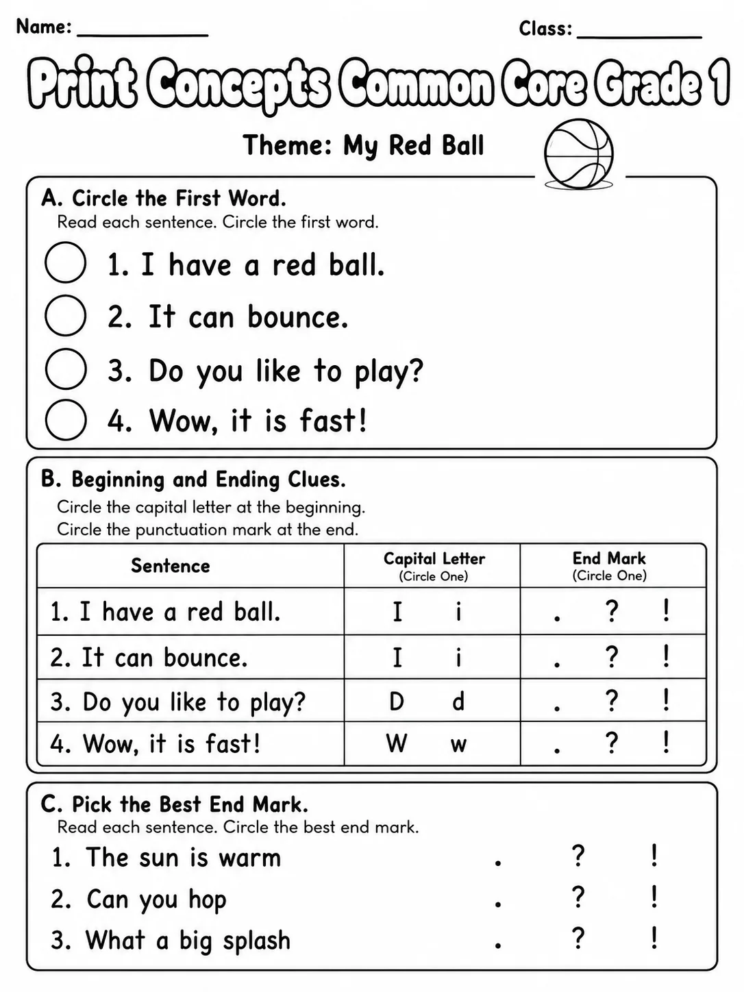 Print Concepts Common Core Grade 1 printable Common Core ELA Grade 1 worksheet preview from KiwiBee