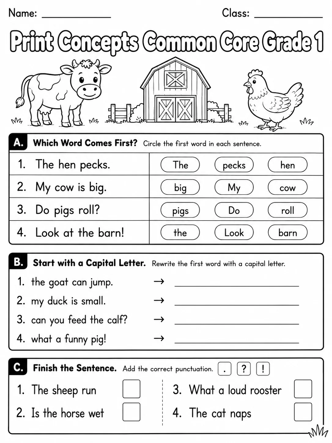 Print Concepts Common Core Grade 1 page 2 printable Common Core ELA worksheet preview