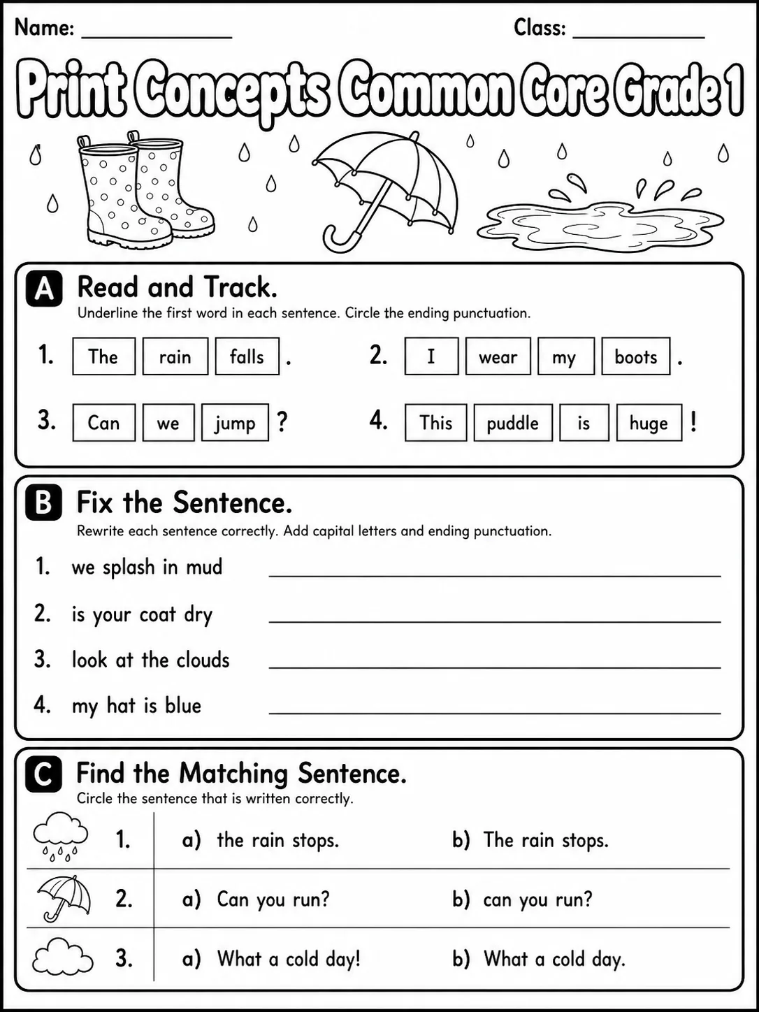 Print Concepts Common Core Grade 1 page 3 printable Common Core ELA worksheet preview