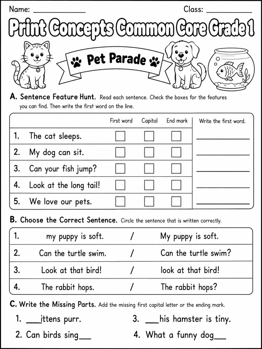 Print Concepts Common Core Grade 1 page 4 printable Common Core ELA worksheet preview