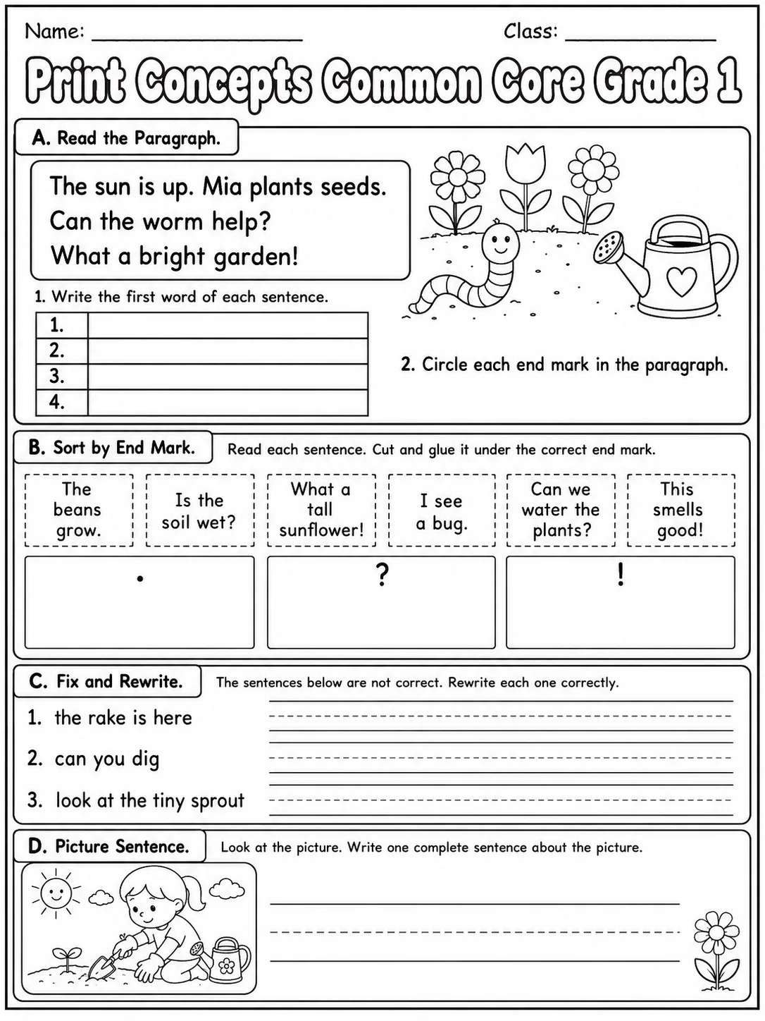 Print Concepts Common Core Grade 1 page 5 printable Common Core ELA worksheet preview