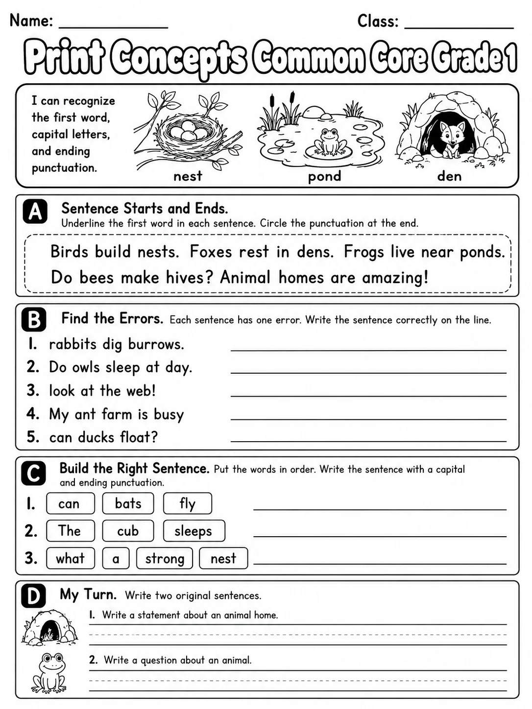 Print Concepts Common Core Grade 1 page 6 printable Common Core ELA worksheet preview