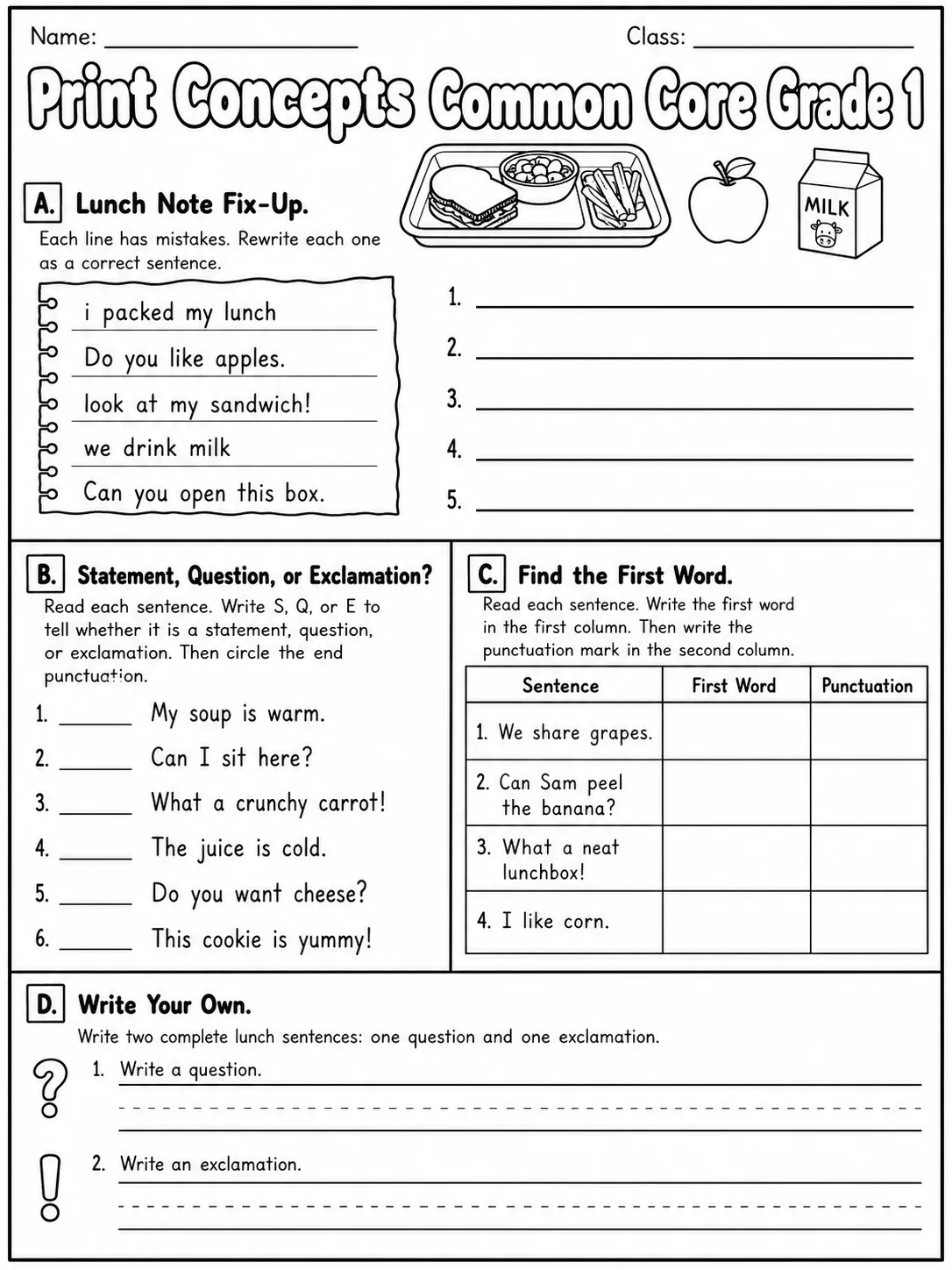 Print Concepts Common Core Grade 1 page 7 printable Common Core ELA worksheet preview