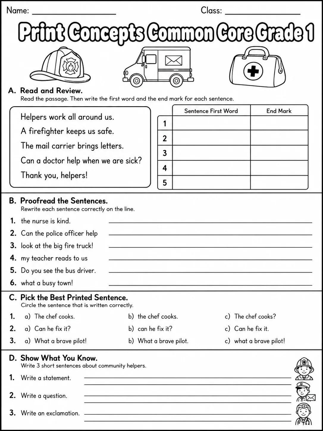 Print Concepts Common Core Grade 1 page 8 printable Common Core ELA worksheet preview
