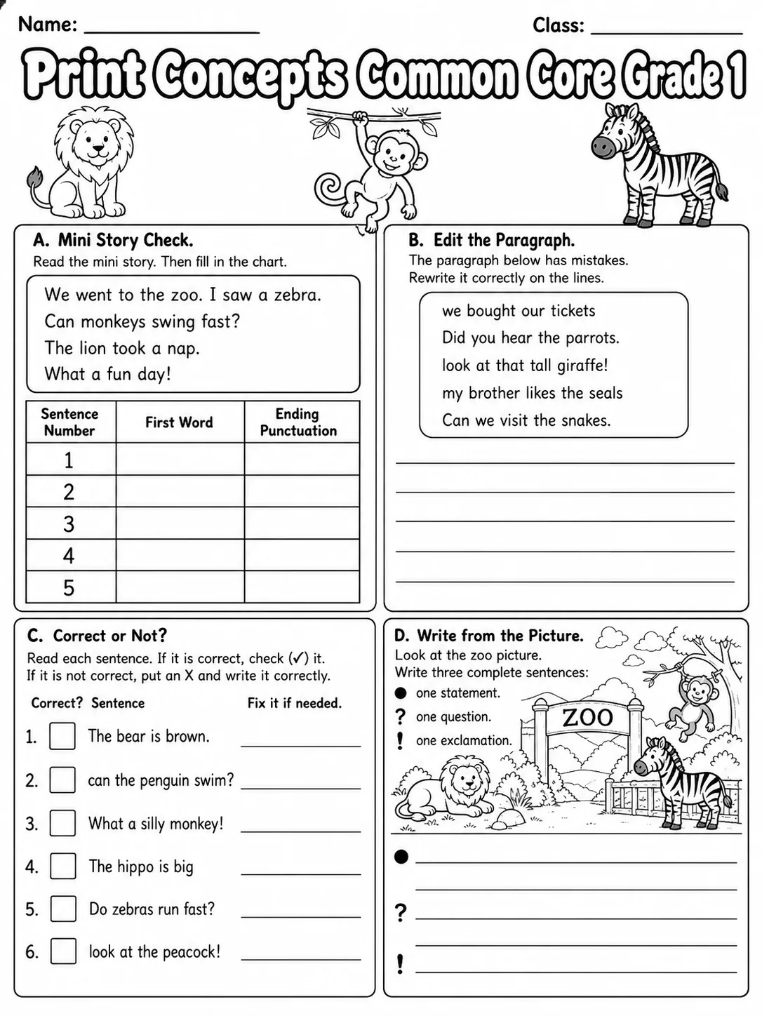 Print Concepts Common Core Grade 1 page 9 printable Common Core ELA worksheet preview