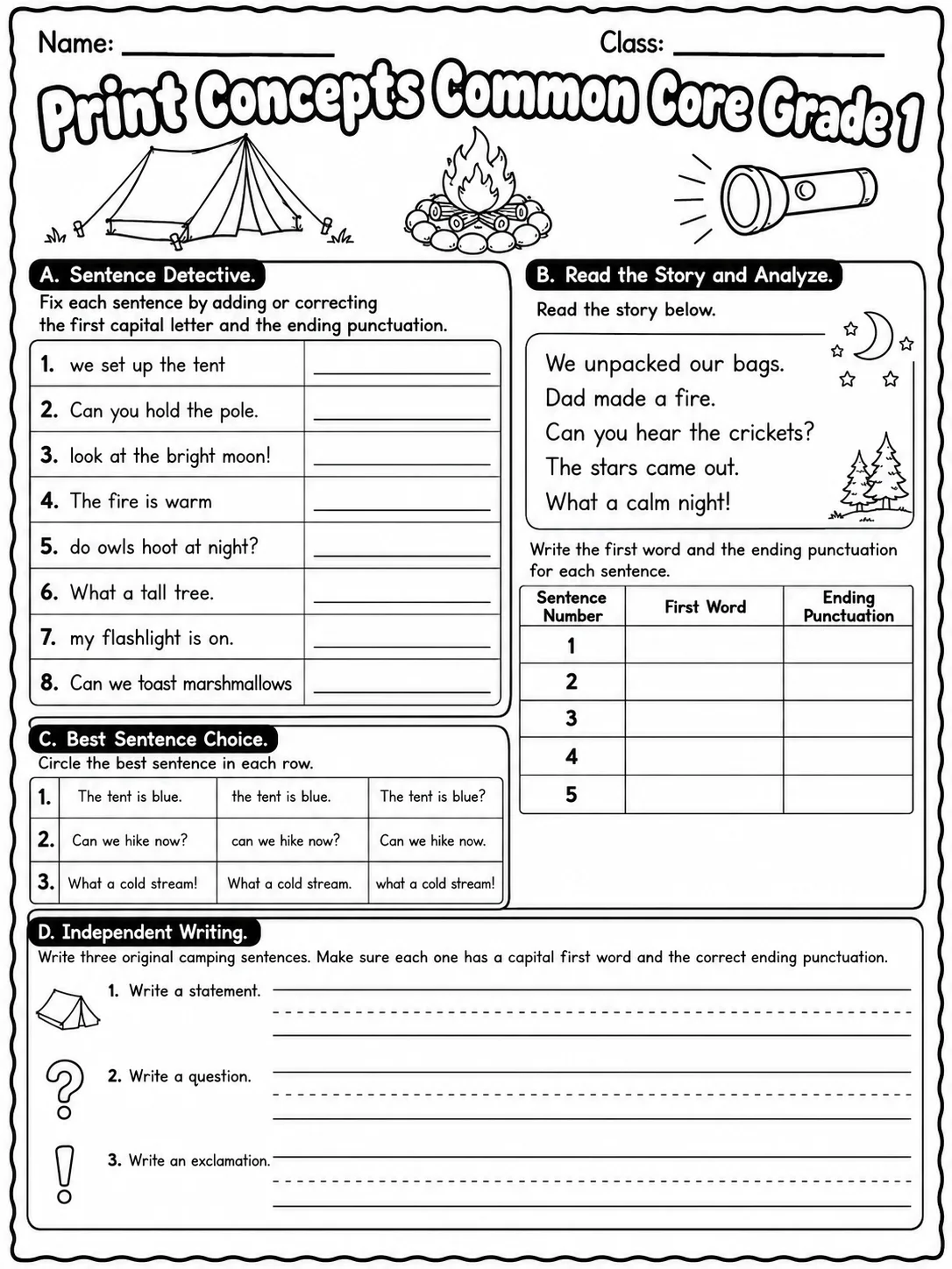 Print Concepts Common Core Grade 1 page 10 printable Common Core ELA worksheet preview