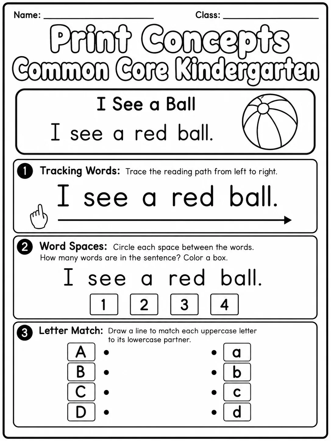 Print Concepts Common Core Kindergarten printable Common Core ELA Kindergarten worksheet preview from KiwiBee