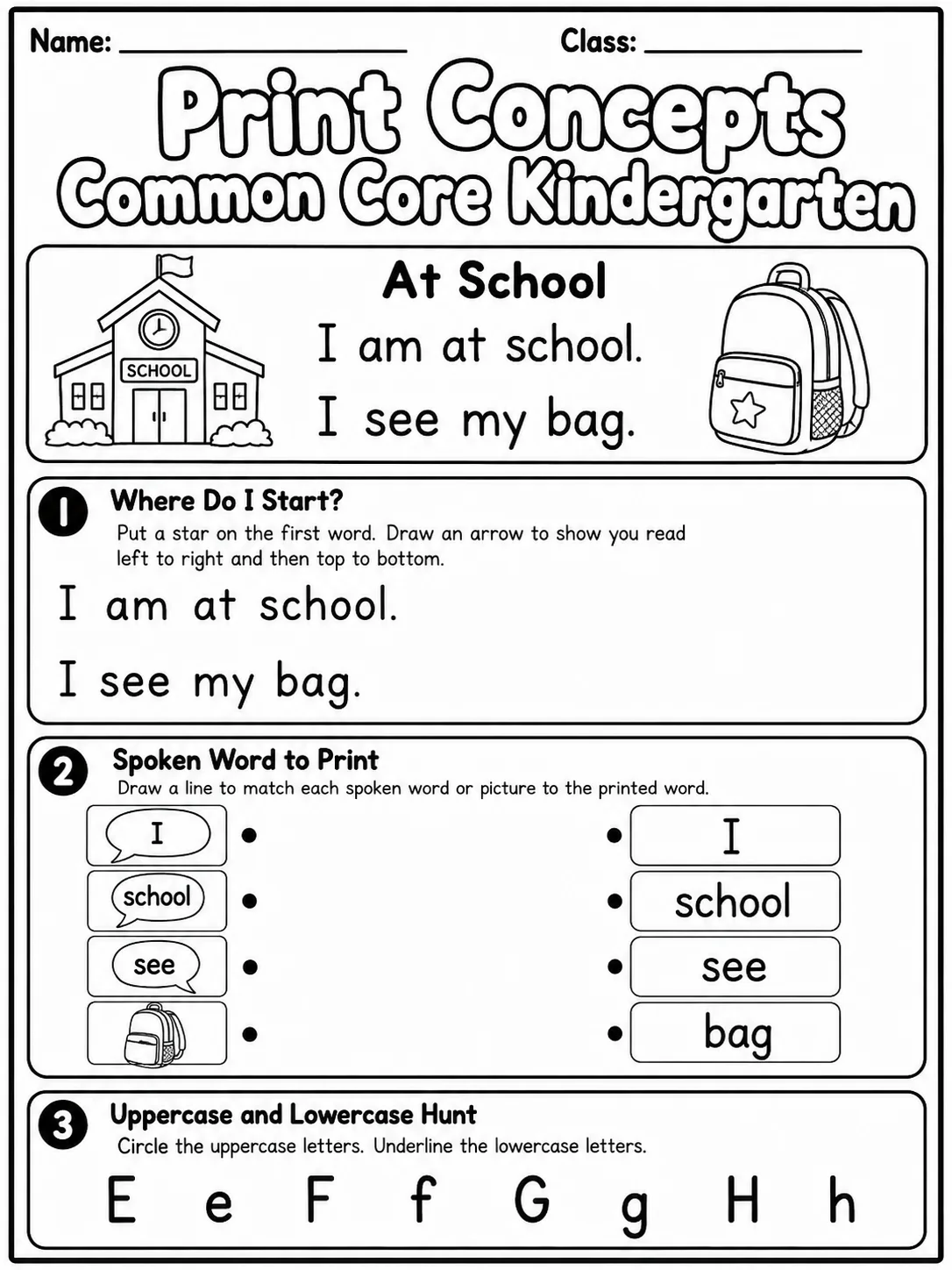 Print Concepts Common Core Kindergarten page 2 printable Common Core ELA worksheet preview