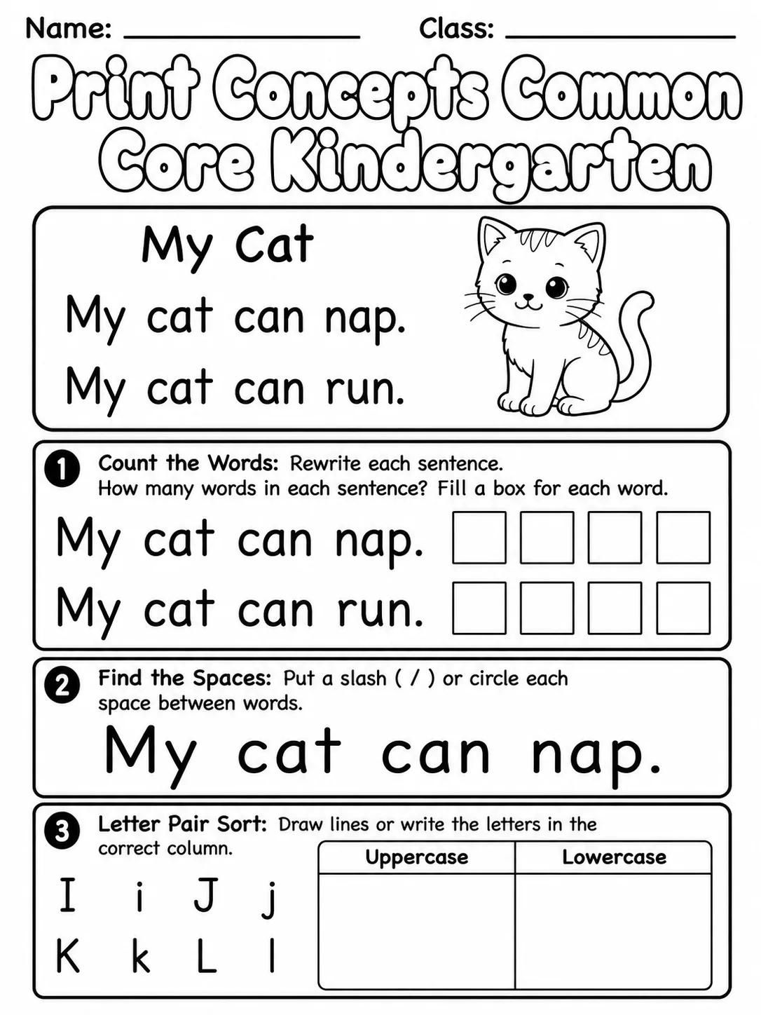 Print Concepts Common Core Kindergarten page 3 printable Common Core ELA worksheet preview