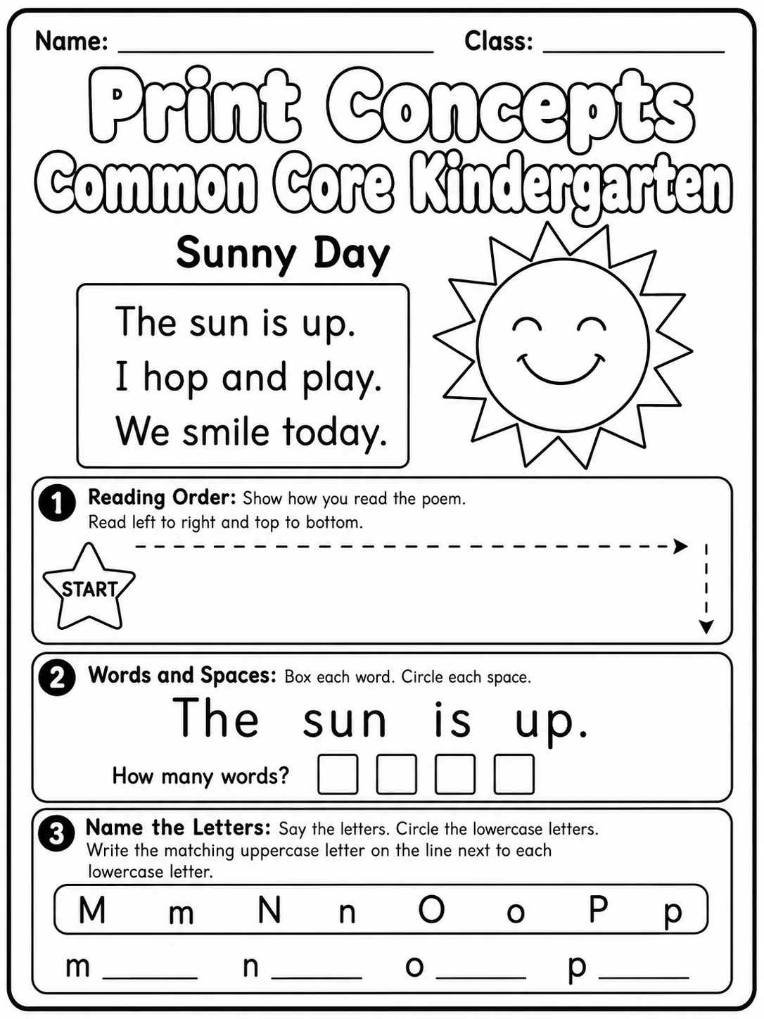 Print Concepts Common Core Kindergarten page 4 printable Common Core ELA worksheet preview