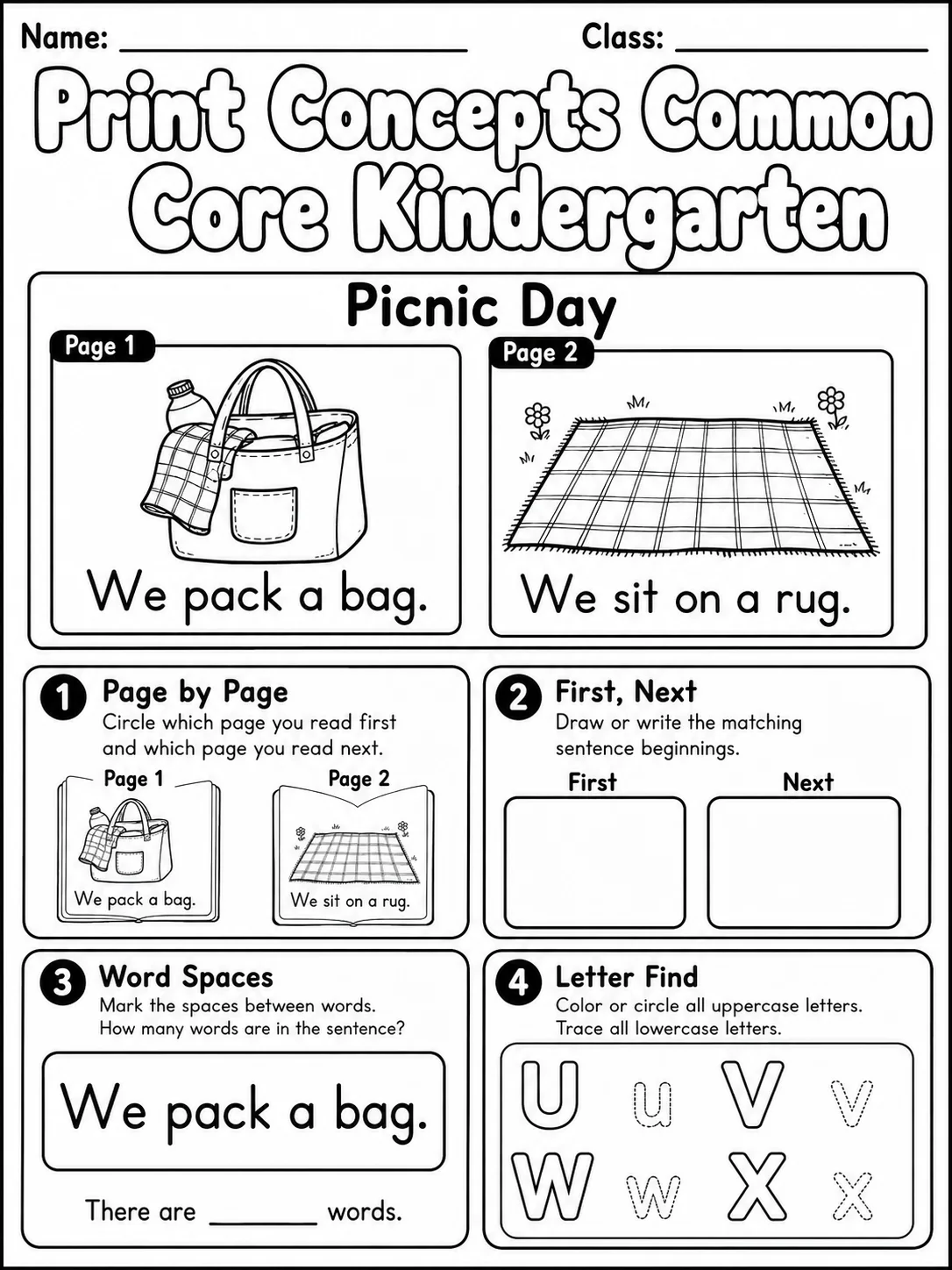 Print Concepts Common Core Kindergarten page 6 printable Common Core ELA worksheet preview