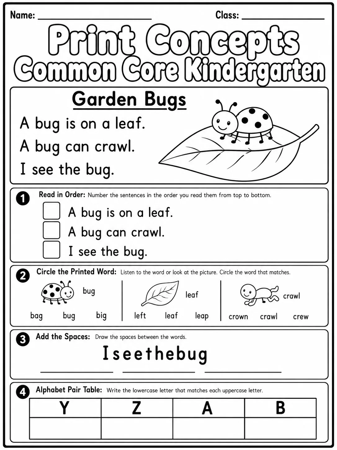 Print Concepts Common Core Kindergarten page 7 printable Common Core ELA worksheet preview