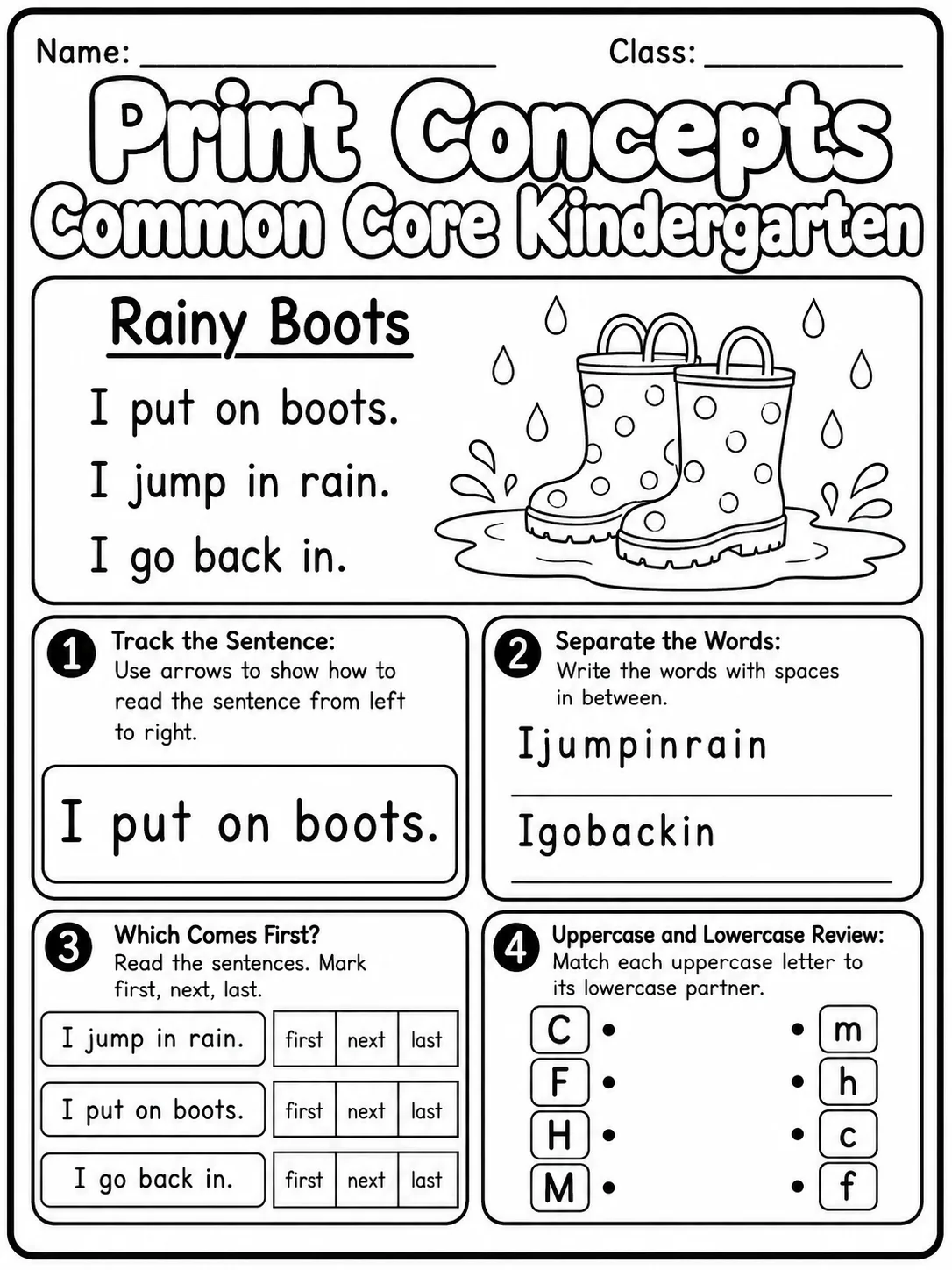 Print Concepts Common Core Kindergarten page 8 printable Common Core ELA worksheet preview