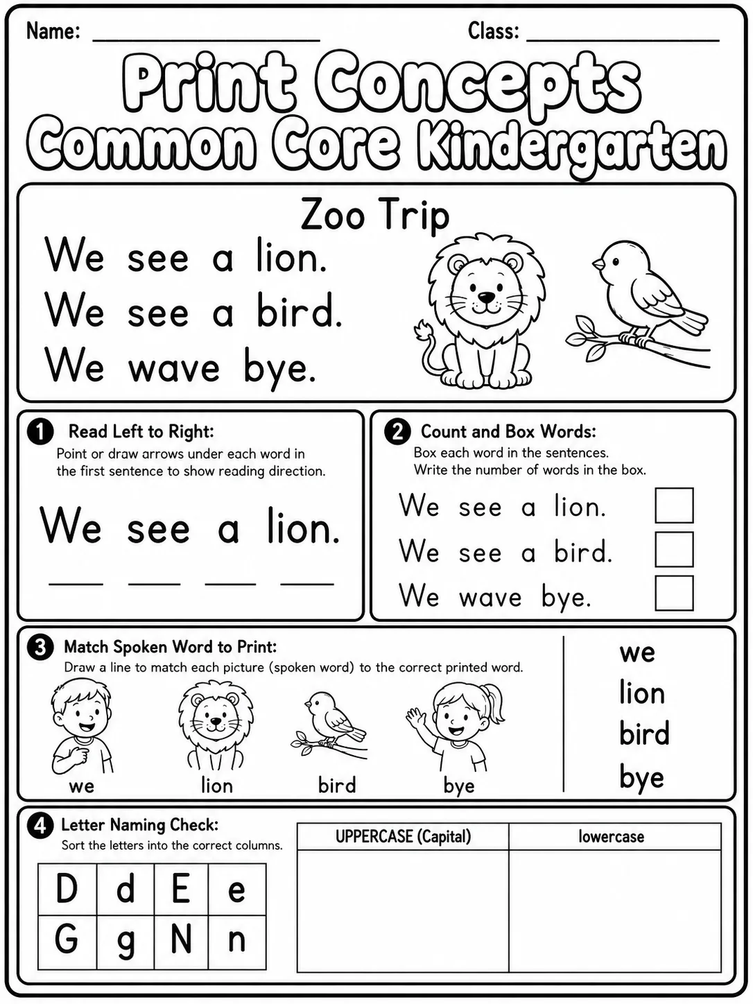Print Concepts Common Core Kindergarten page 9 printable Common Core ELA worksheet preview
