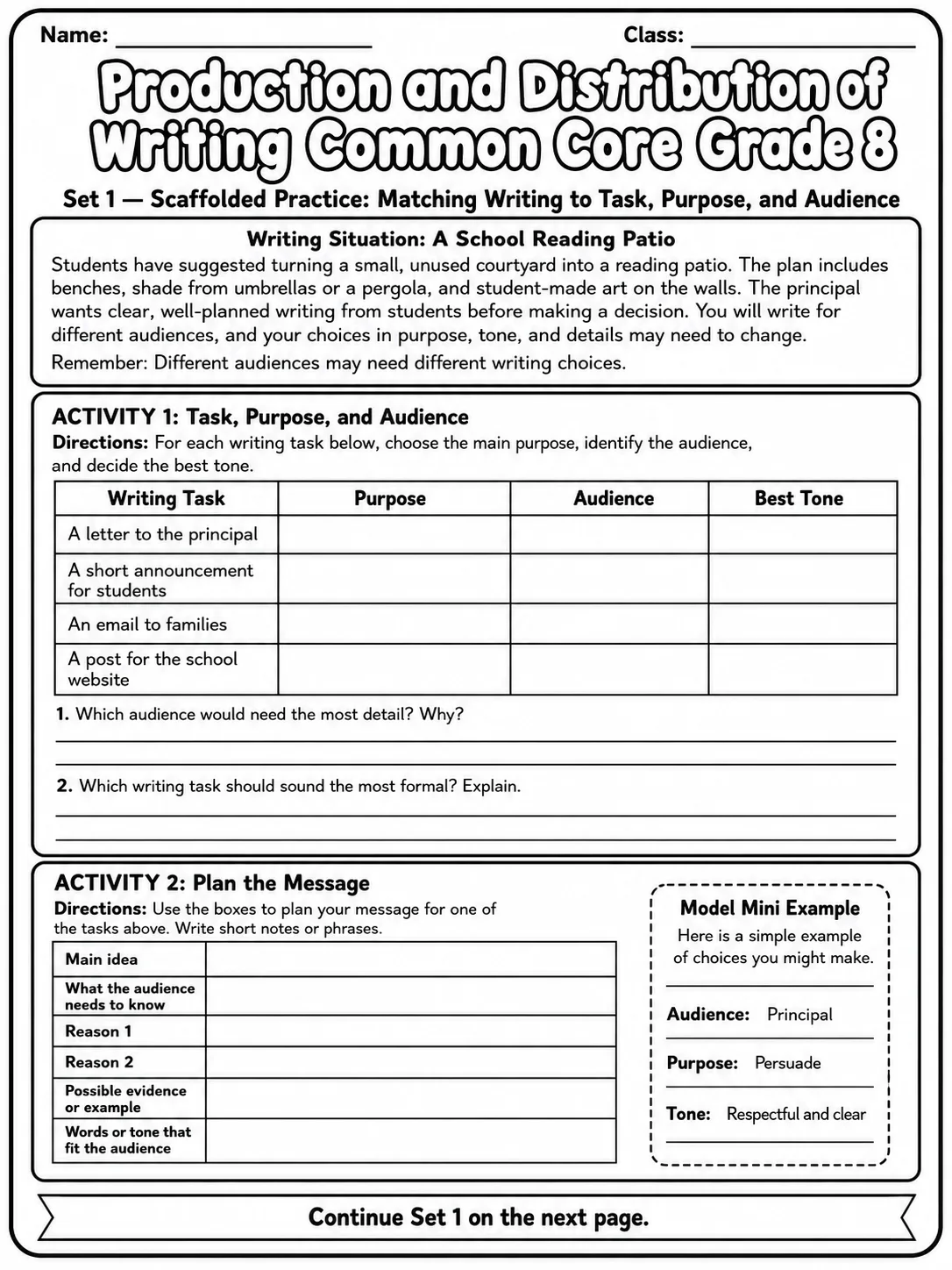 Production and Distribution of Writing Common Core Grade 8