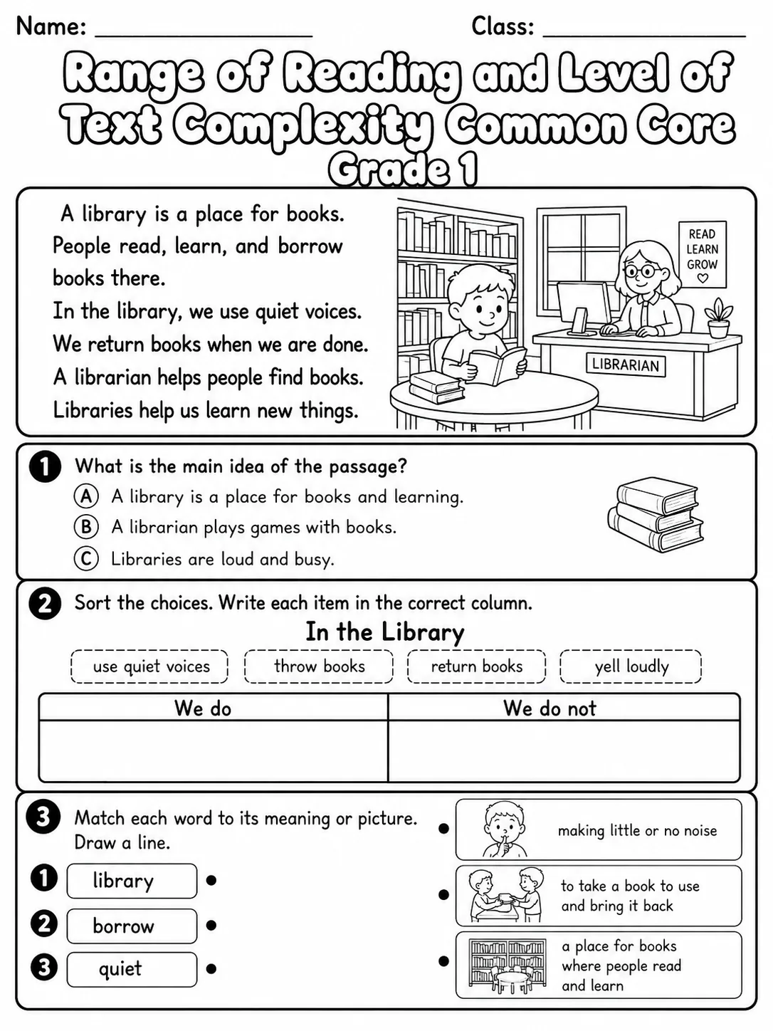 Range of Reading and Level of Text Complexity Common Core Grade 1 page 4 printable Common Core ELA worksheet preview