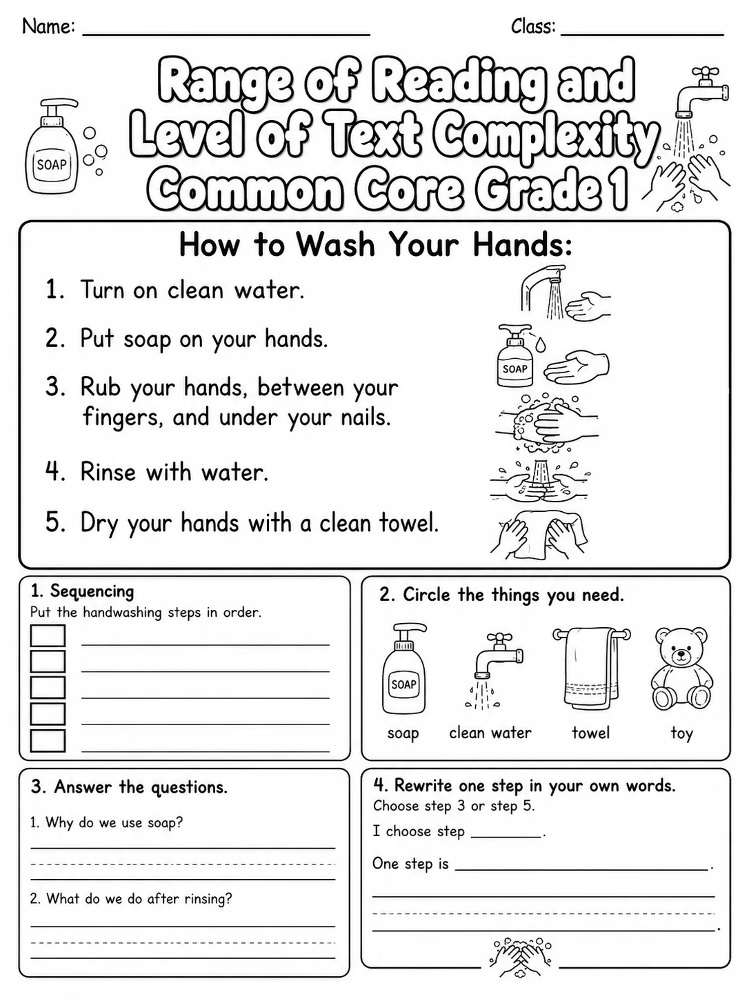 Range of Reading and Level of Text Complexity Common Core Grade 1 page 7 printable Common Core ELA worksheet preview