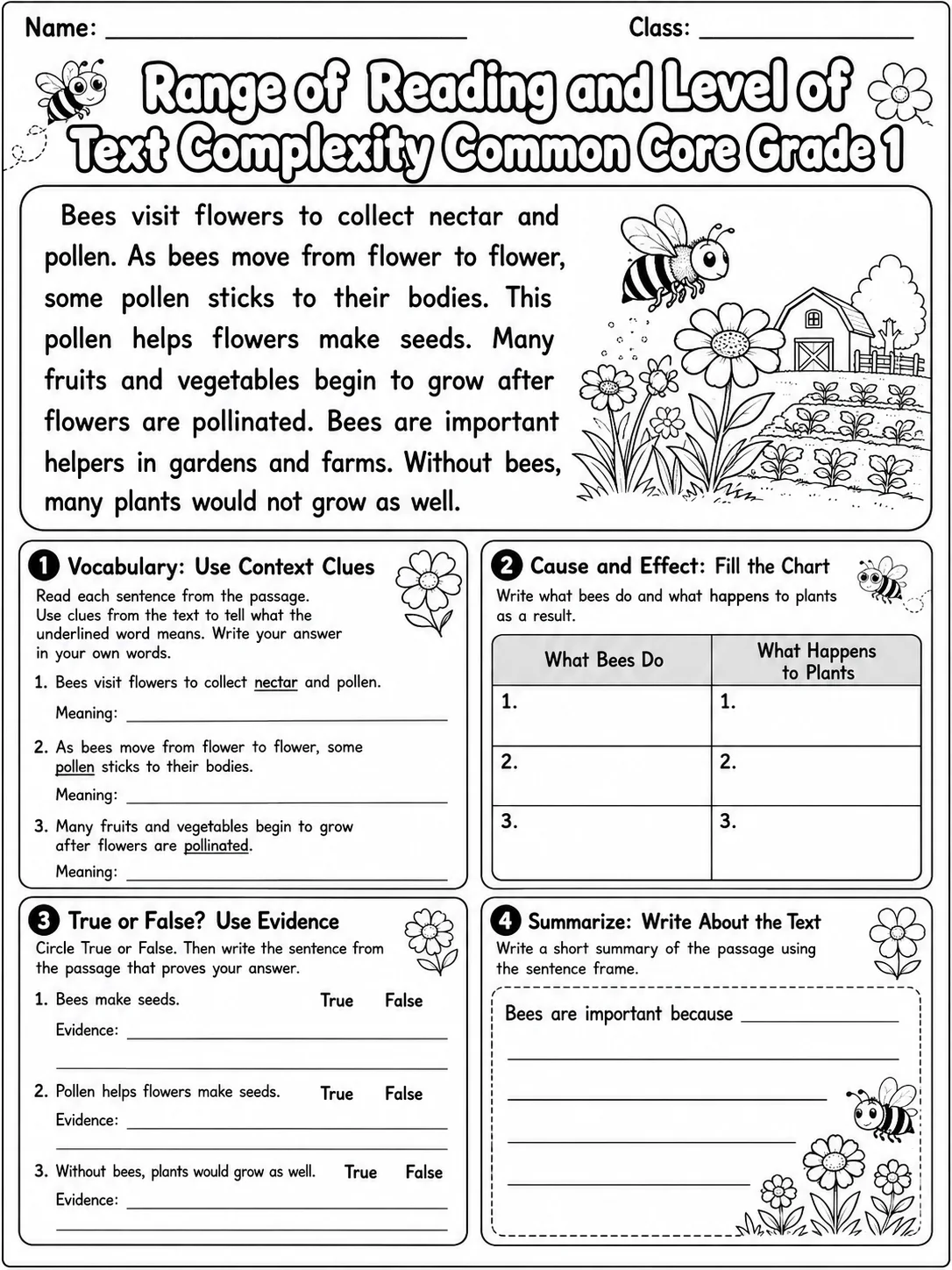 Range of Reading and Level of Text Complexity Common Core Grade 1 page 9 printable Common Core ELA worksheet preview