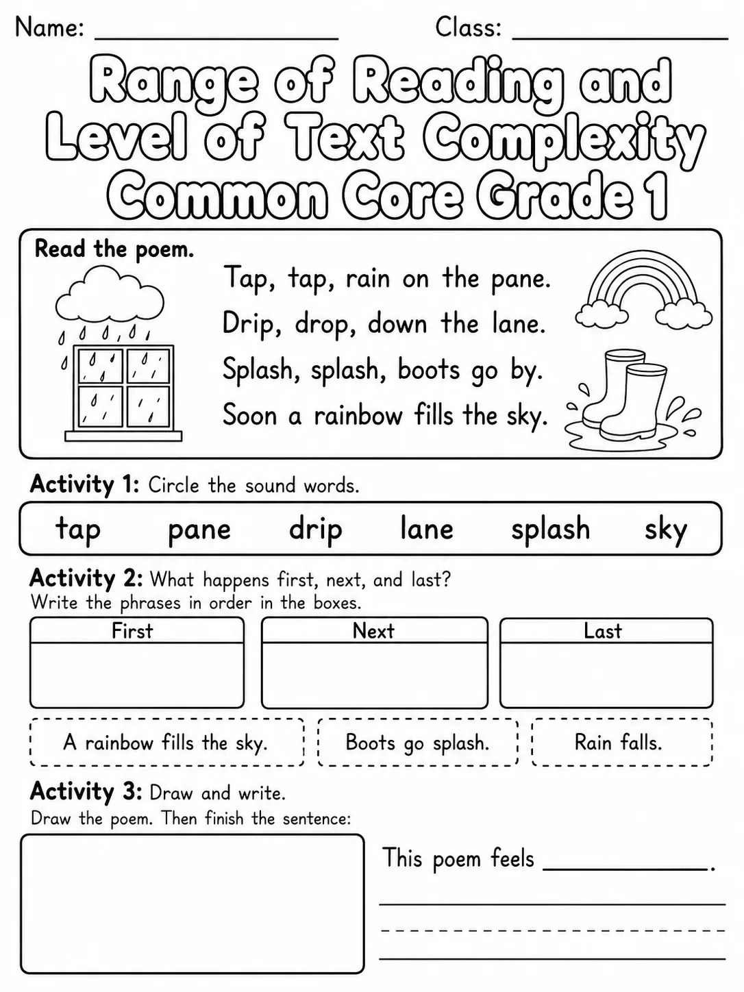 Range of Reading and Level of Text Complexity Common Core Grade 1 page 2 printable Common Core ELA worksheet preview