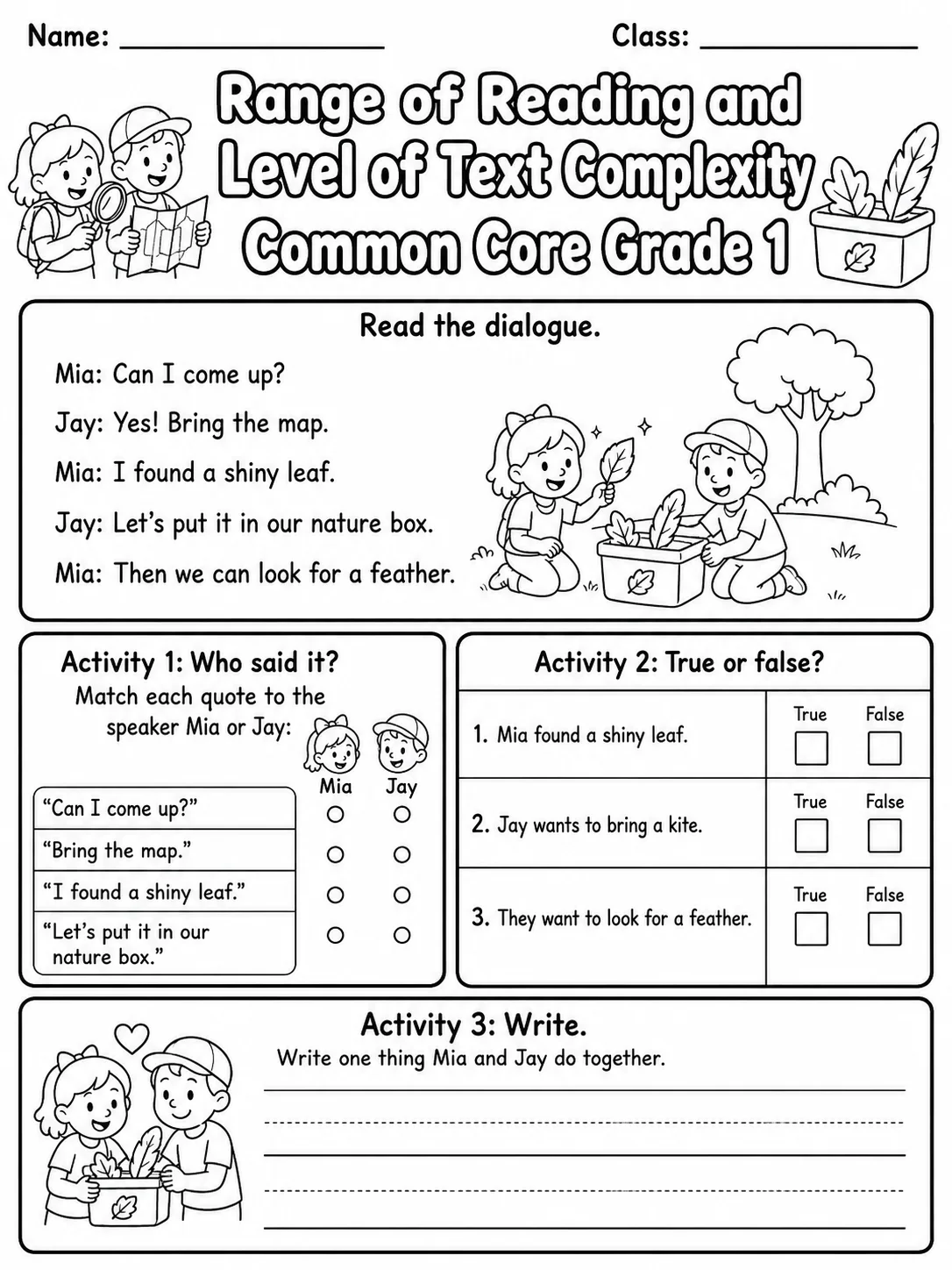 Range of Reading and Level of Text Complexity Common Core Grade 1 page 3 printable Common Core ELA worksheet preview